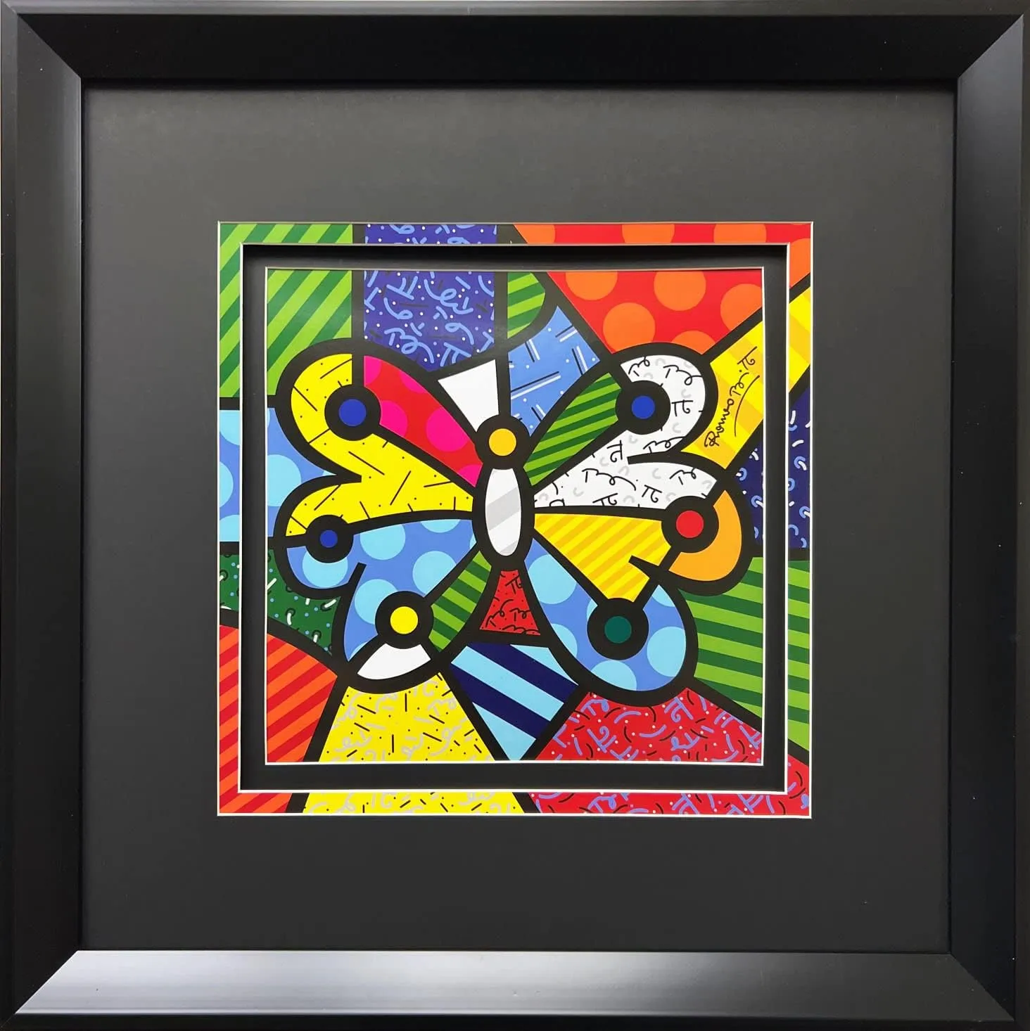 Romero Britto Garden Butterfly BLACK NEW CUSTOM FRAMED Matted Art Print 17.75" x 17.75"