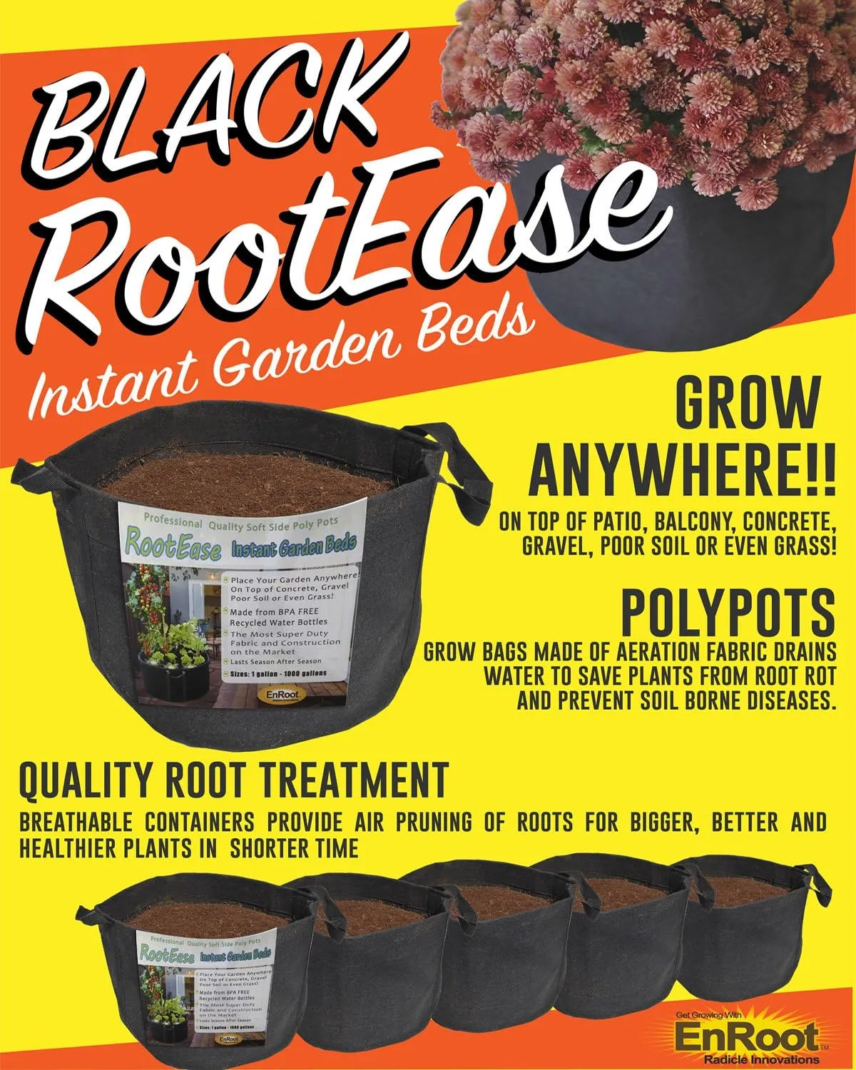 RootEase 5-Pack Garden Planting Aeration Fabric Pot, Heavy Duty Durable Fabric Grow Bag / Planter, Raised Bed Gardening, Best Air Pruning Root Treatment Eco-Friendly Grow Bags with Handles