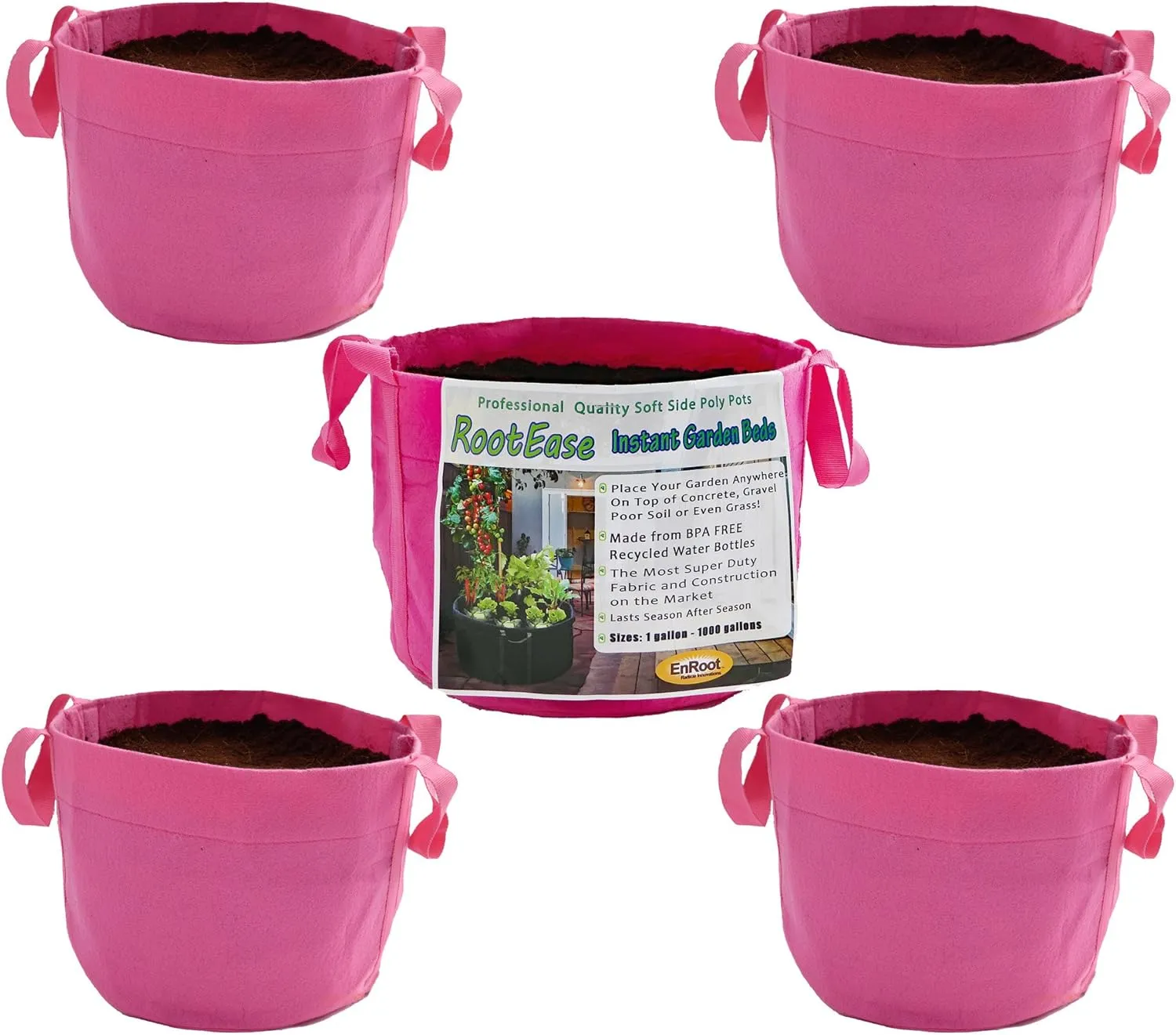 RootEase 5-Pack Garden Planting Fabric Pot, Heavy Duty Durable Grow Bags/Planter, Raised Bed Gardening, Best Eco-Friendly Grow Bags with Sturdy Handles (3 Gallon, Pink)