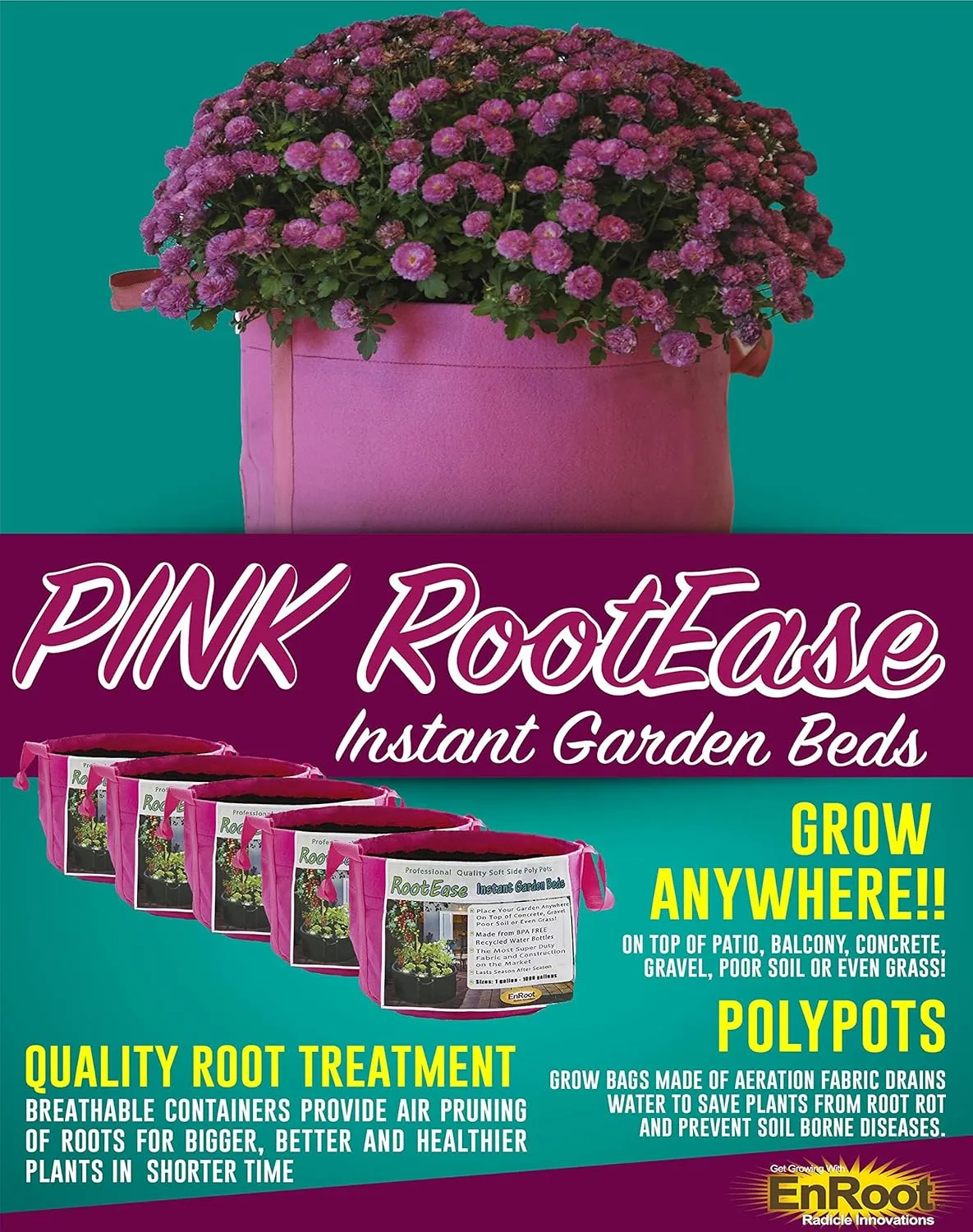 RootEase 5-Pack Garden Planting Fabric Pot, Heavy Duty Durable Grow Bags/Planter, Raised Bed Gardening, Best Eco-Friendly Grow Bags with Sturdy Handles (3 Gallon, Pink)