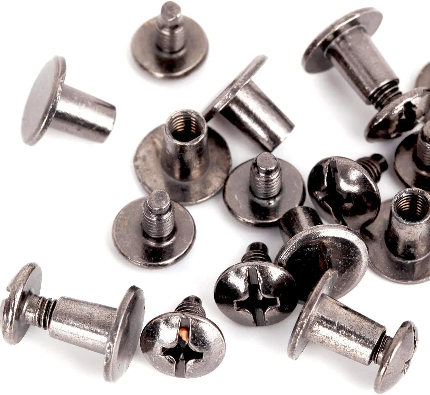 Round Flat Head Chicago Screws Buttons for Leather Crafting, 1/4 Inches (6mm) Repair Screw Post Fastener, Metal Nail Rivet Studs, Black Gunmetal, 100 Sets, Diameter 5/16 Inches (8mm)