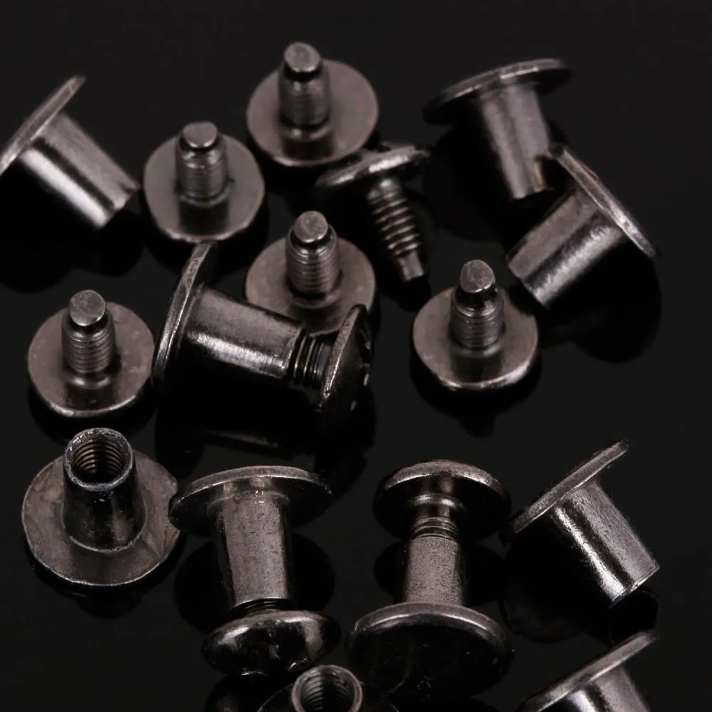 Round Flat Head Chicago Screws Buttons for Leather Crafting, 1/4 Inches (6mm) Repair Screw Post Fastener, Metal Nail Rivet Studs, Black Gunmetal, 100 Sets, Diameter 5/16 Inches (8mm)