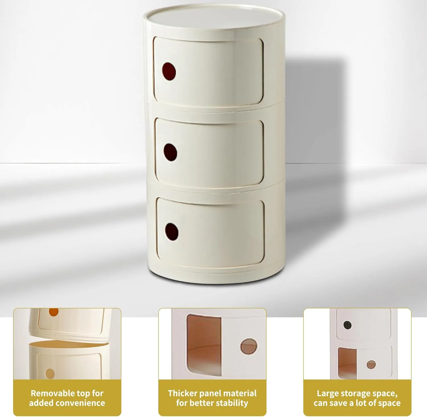 Round Nightstand with Storage, Modern Style Side Table, Small Cupboard Cabinet with 3 Drawers for Living Room, Bedroom, Bathroom,Narrow Space (Beige)