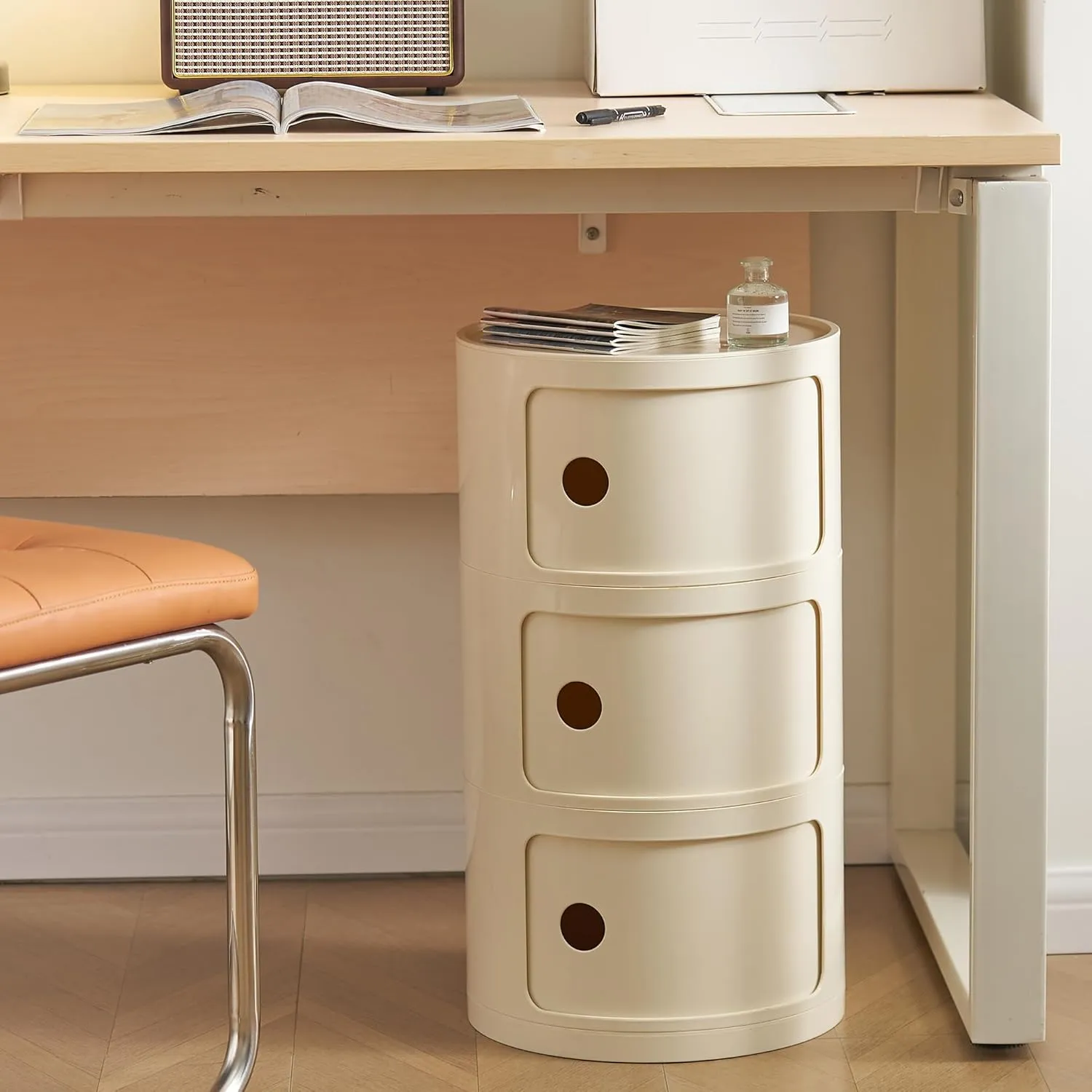 Round Nightstand with Storage, Modern Style Side Table, Small Cupboard Cabinet with 3 Drawers for Living Room, Bedroom, Bathroom,Narrow Space (Beige)