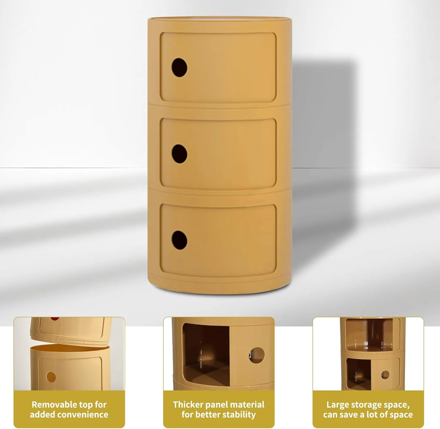 Round Nightstand with Storage, Modern Style Side Table, Small Cupboard Cabinet with 3 Drawers for Living Room, Bedroom, Bathroom,Narrow Space (Ginger)