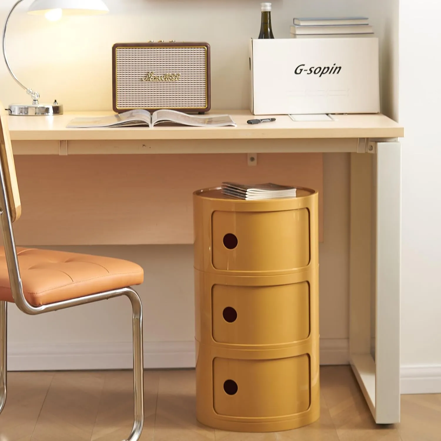 Round Nightstand with Storage, Modern Style Side Table, Small Cupboard Cabinet with 3 Drawers for Living Room, Bedroom, Bathroom,Narrow Space (Ginger)