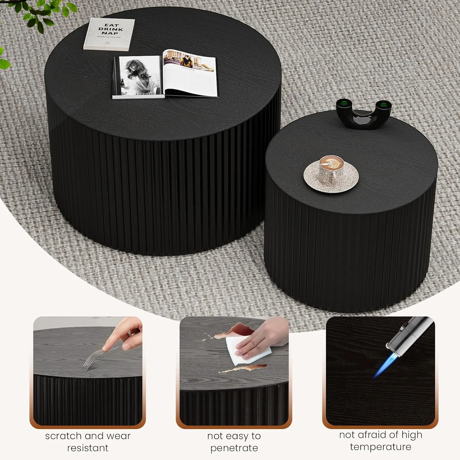 Round Wood Coffee Table Set of 2 Modern Circle Nesting Coffee Table Handcrafted Drum Nesting Table Nesting Coffee Tables for Living Room for Small Space (Black (D27.56 D19.69 inch))