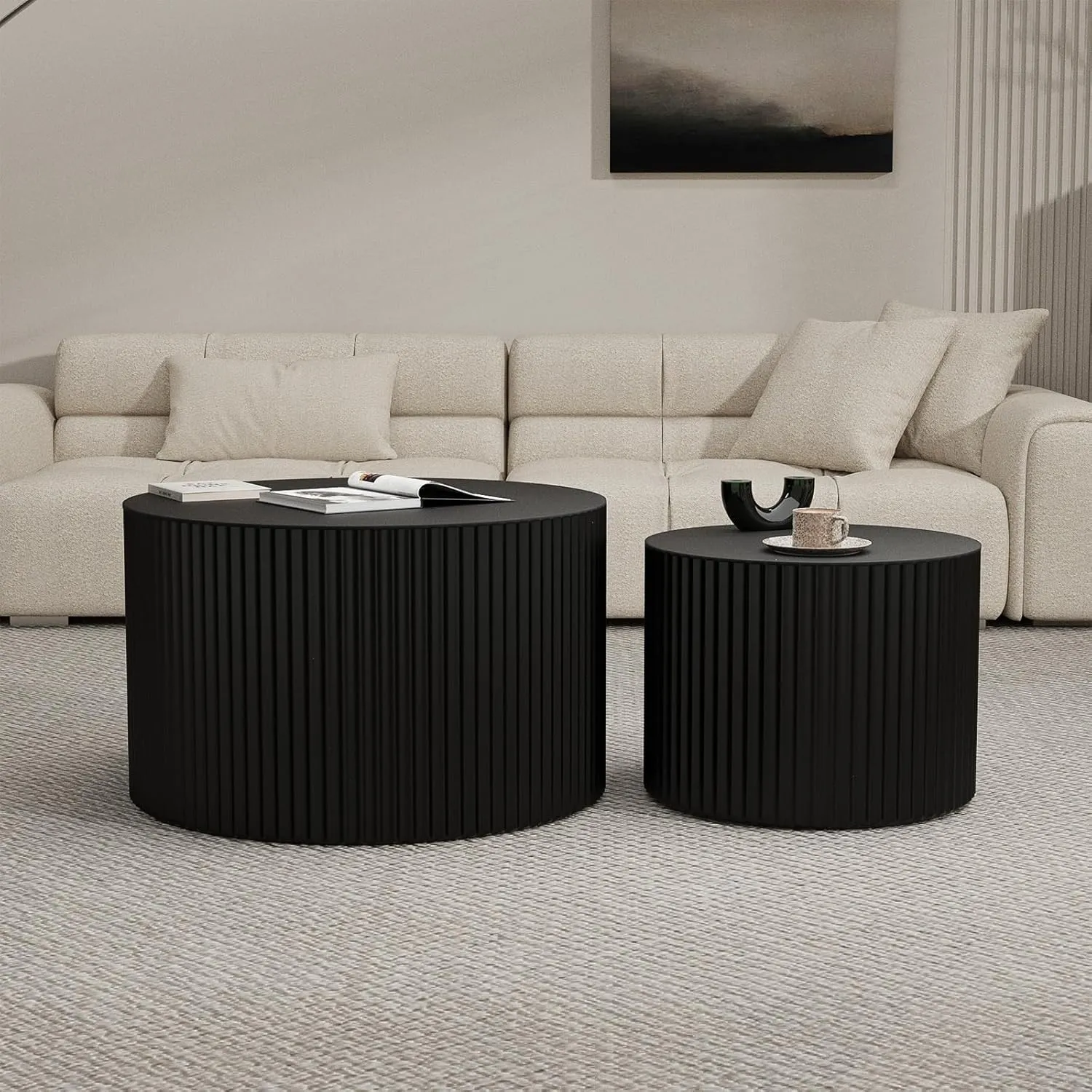 Round Wood Coffee Table Set of 2 Modern Circle Nesting Coffee Table Handcrafted Drum Nesting Table Nesting Coffee Tables for Living Room for Small Space (Black (D27.56 D19.69 inch))
