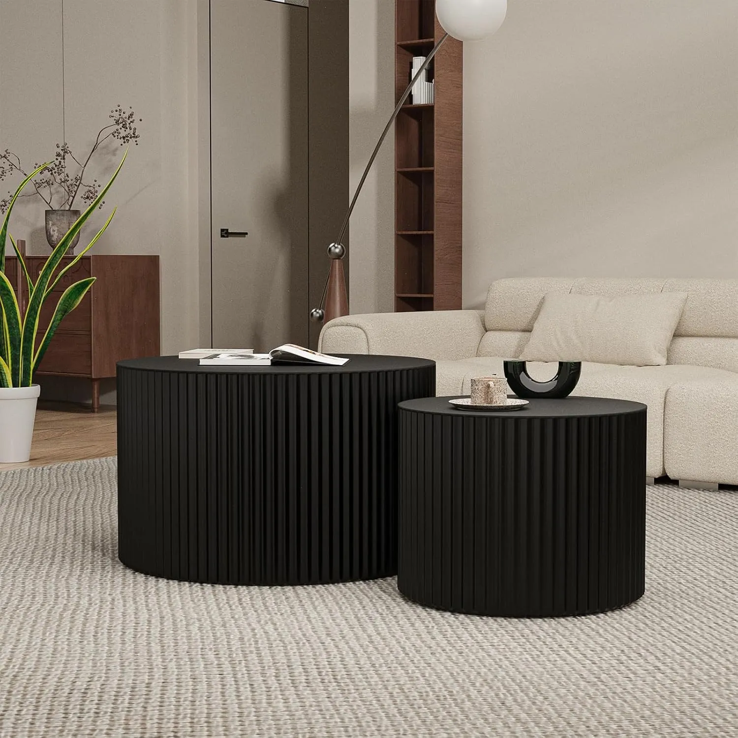 Round Wood Coffee Table Set of 2 Modern Circle Nesting Coffee Table Handcrafted Drum Nesting Table Nesting Coffee Tables for Living Room for Small Space (Black (D27.56 D19.69 inch))