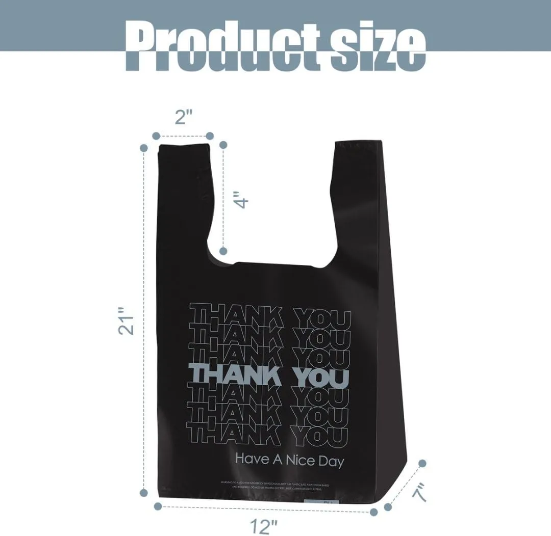 ROYALNA 200ct Black/White Thank you (12" x 6.5" x 21") plastic T shirt Grocery shopping bags Reusable and Disposable for Restaurants, Convenience Stores, Food, Supermarket (Black/White Thank you, 200)
