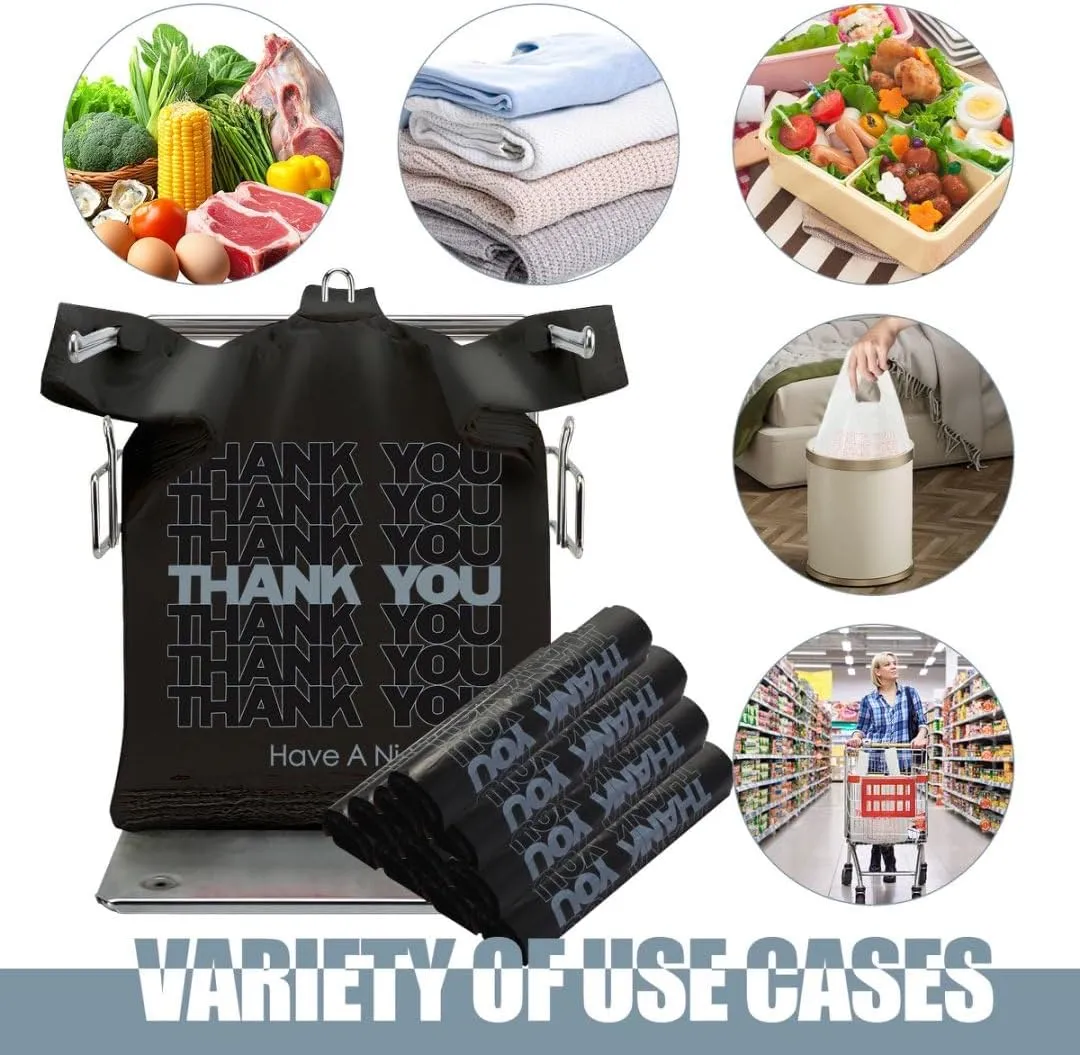 ROYALNA 200ct Black/White Thank you (12" x 6.5" x 21") plastic T shirt Grocery shopping bags Reusable and Disposable for Restaurants, Convenience Stores, Food, Supermarket (Black/White Thank you, 200)