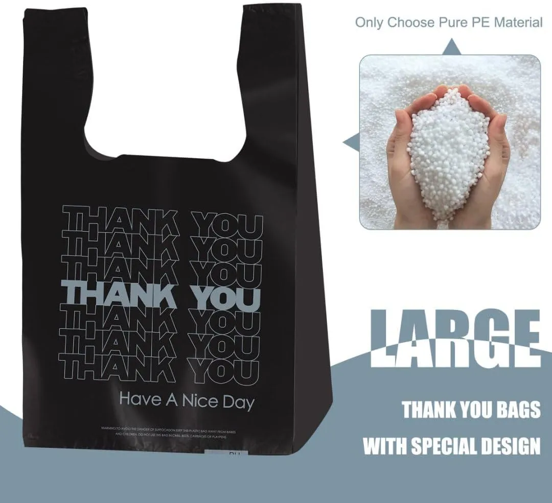ROYALNA 200ct Black/White Thank you (12" x 6.5" x 21") plastic T shirt Grocery shopping bags Reusable and Disposable for Restaurants, Convenience Stores, Food, Supermarket (Black/White Thank you, 200)