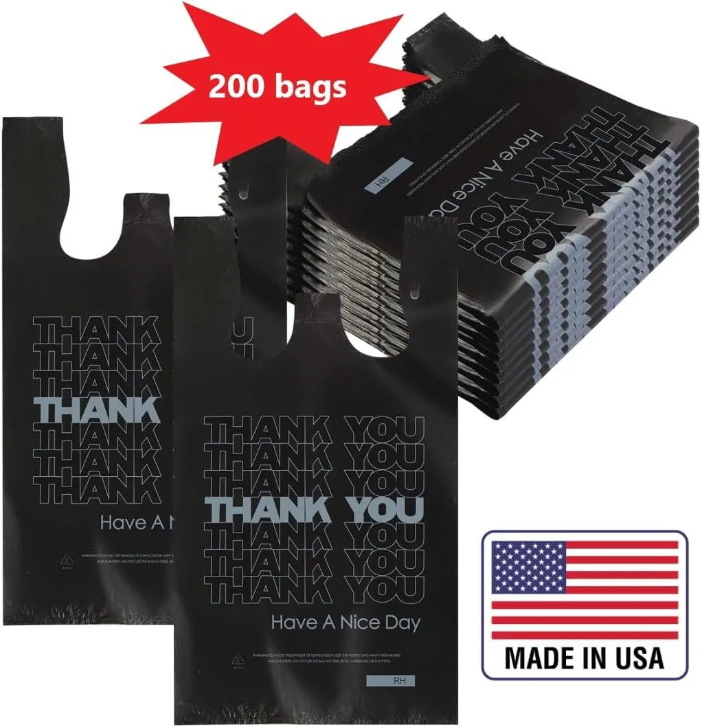 ROYALNA 200ct Black/White Thank you (12" x 6.5" x 21") plastic T shirt Grocery shopping bags Reusable and Disposable for Restaurants, Convenience Stores, Food, Supermarket (Black/White Thank you, 200)