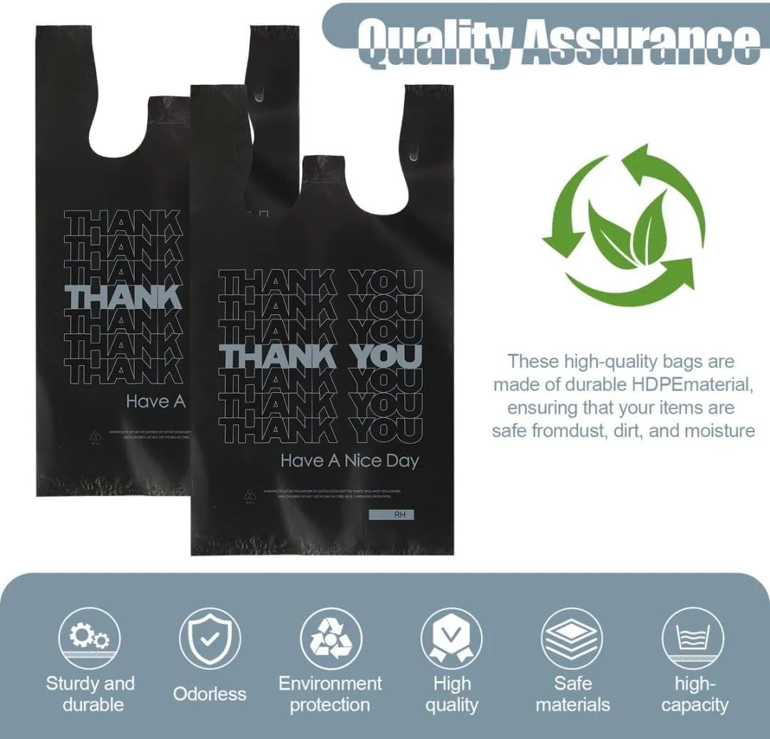 ROYALNA 200ct Black/White Thank you (12" x 6.5" x 21") plastic T shirt Grocery shopping bags Reusable and Disposable for Restaurants, Convenience Stores, Food, Supermarket (Black/White Thank you, 200)