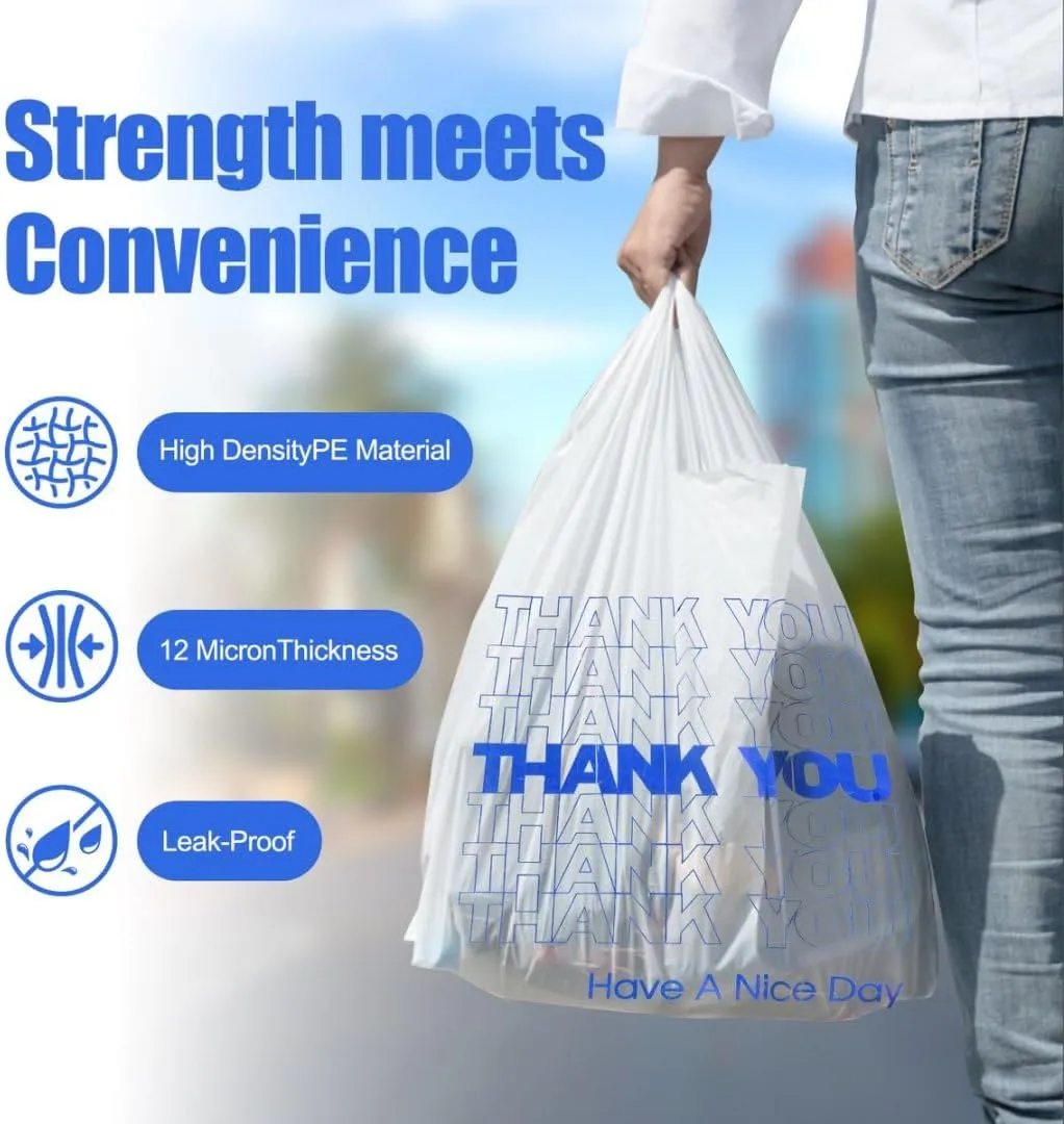 ROYALNA Plastic T shirt Grocery shopping bags (12" x 6.5" x 21") Reusable and Disposable for Restaurants, Convenience Stores, Food, Supermarket (White/Blue Thank you, 500)