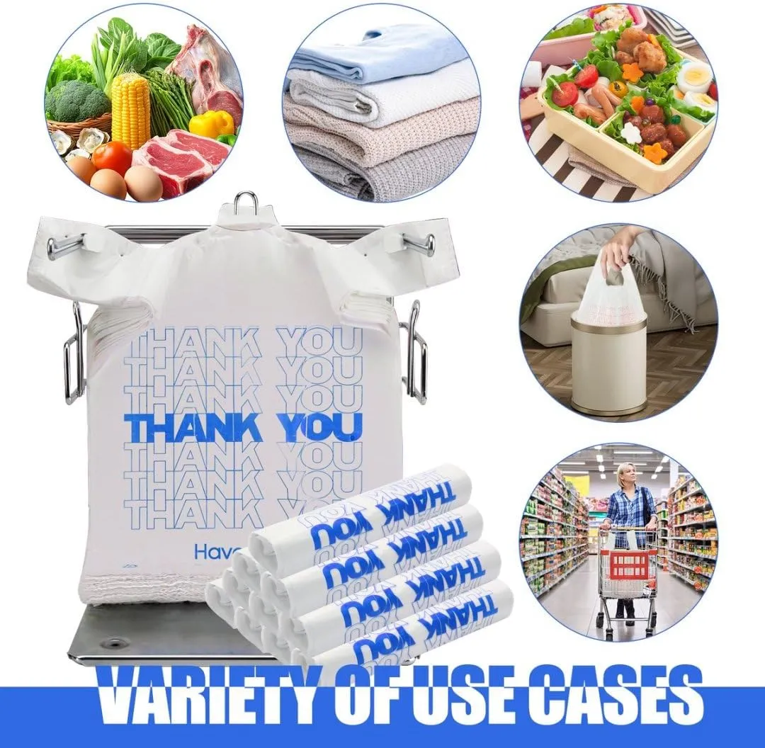 ROYALNA Plastic T shirt Grocery shopping bags (12" x 6.5" x 21") Reusable and Disposable for Restaurants, Convenience Stores, Food, Supermarket (White/Blue Thank you, 500)