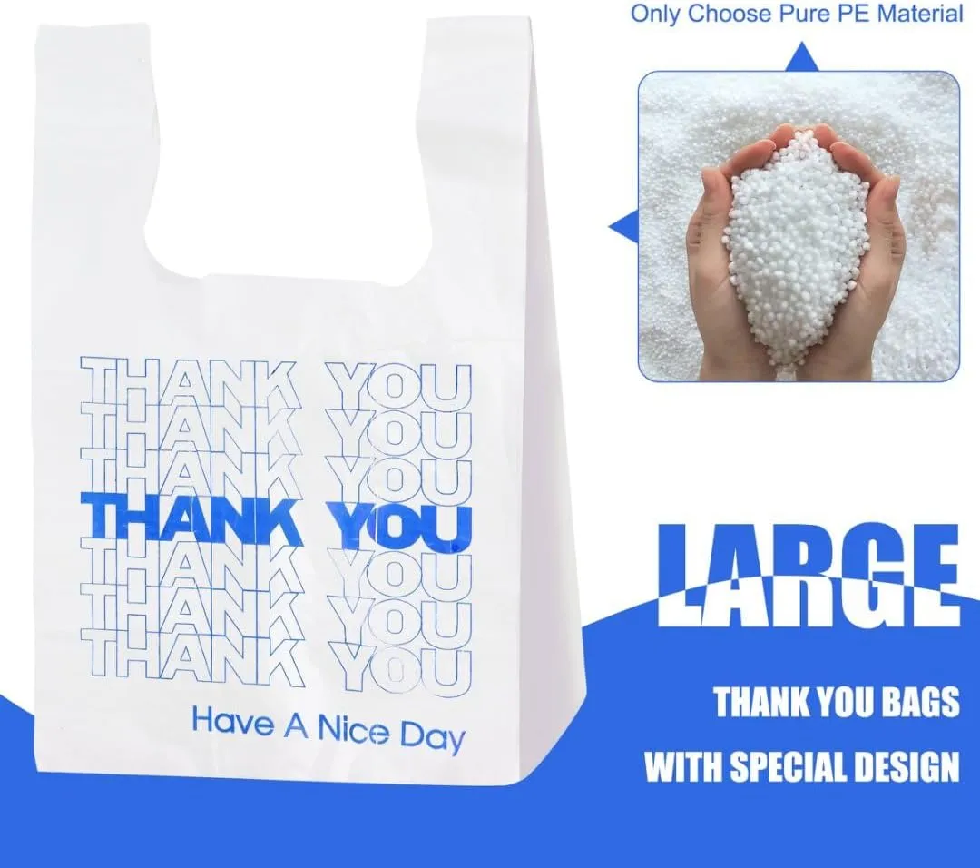 ROYALNA Plastic T shirt Grocery shopping bags (12" x 6.5" x 21") Reusable and Disposable for Restaurants, Convenience Stores, Food, Supermarket (White/Blue Thank you, 500)