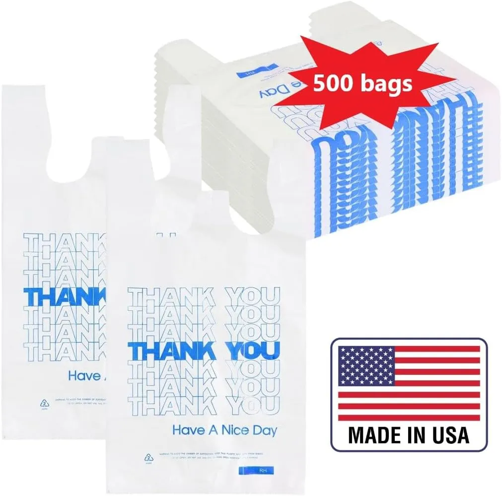 ROYALNA Plastic T shirt Grocery shopping bags (12" x 6.5" x 21") Reusable and Disposable for Restaurants, Convenience Stores, Food, Supermarket (White/Blue Thank you, 500)