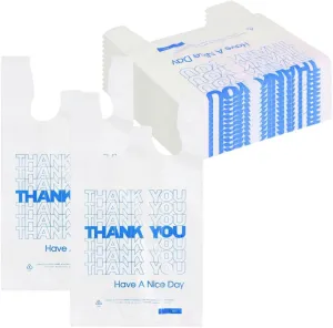 ROYALNA Plastic T shirt Grocery shopping bags (12" x 6.5" x 21") Reusable and Disposable for Restaurants, Convenience Stores, Food, Supermarket (White/Blue Thank you, 500)