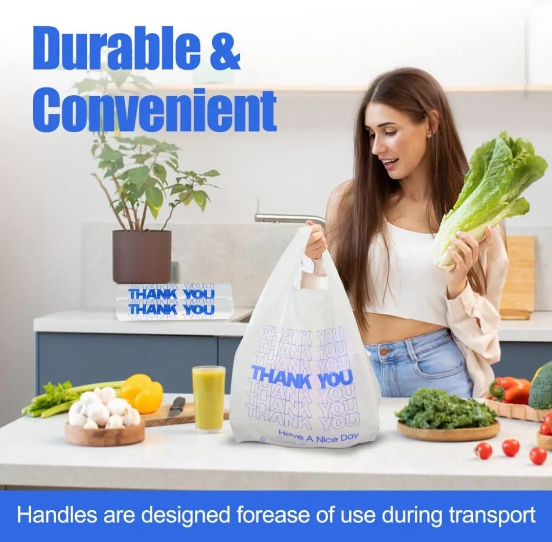 ROYALNA Plastic T shirt Grocery shopping bags (12" x 6.5" x 21") Reusable and Disposable for Restaurants, Convenience Stores, Food, Supermarket (White/Blue Thank you, 500)