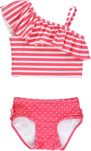 RuffleButts Hot Pink Heart One Shoulder Ruffle Tankini - 7