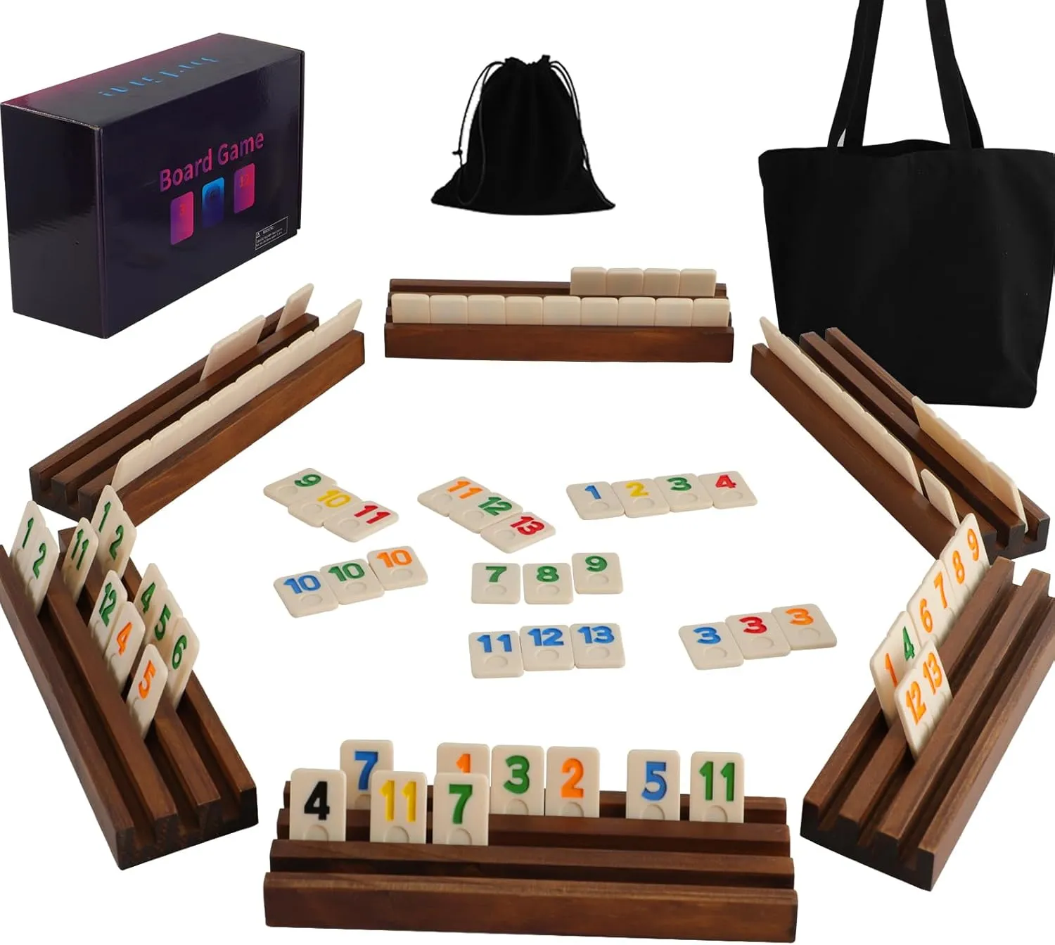 Rummy Cube Board Game, Equipped with 160 Rummy Tiles, 6 Wooden Tile Racks, Drawstring Storage Bag, Handbag That can Hold All Components, and Game Instructions(6 Player Edition)