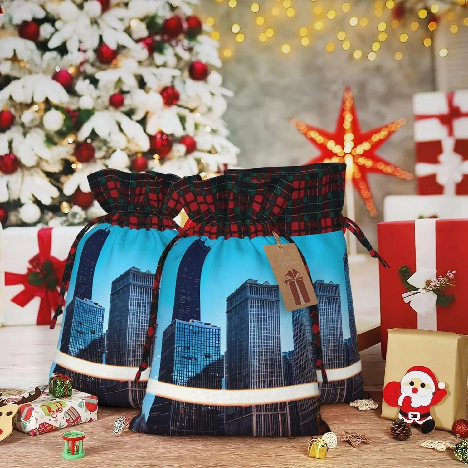 SamLng Chicago Reflect Christmas Gift Bag - Holiday Drawstring Party Favor, Goody Wrapping, Perfect for Birthdays, Anniversaries