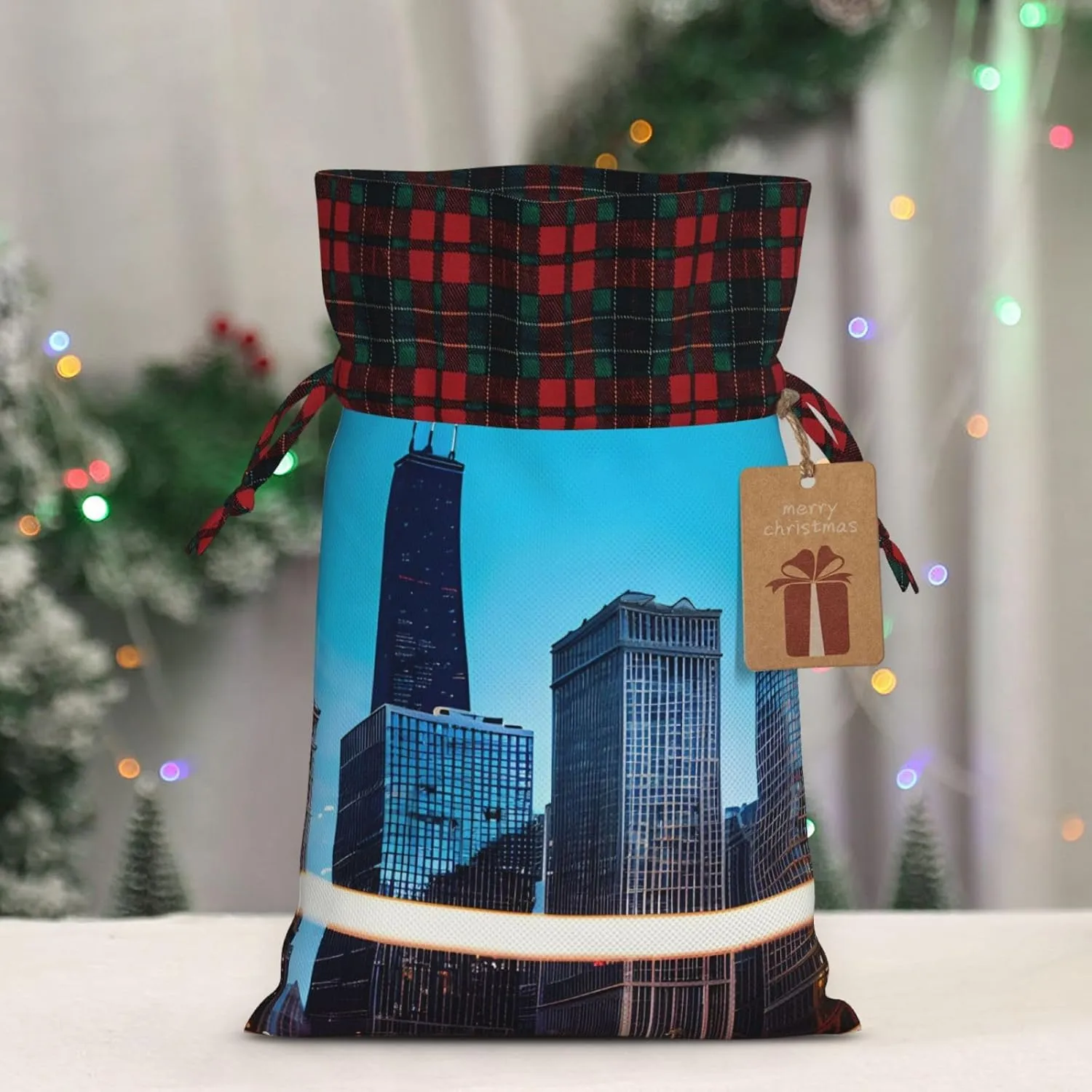 SamLng Chicago Reflect Christmas Gift Bag - Holiday Drawstring Party Favor, Goody Wrapping, Perfect for Birthdays, Anniversaries
