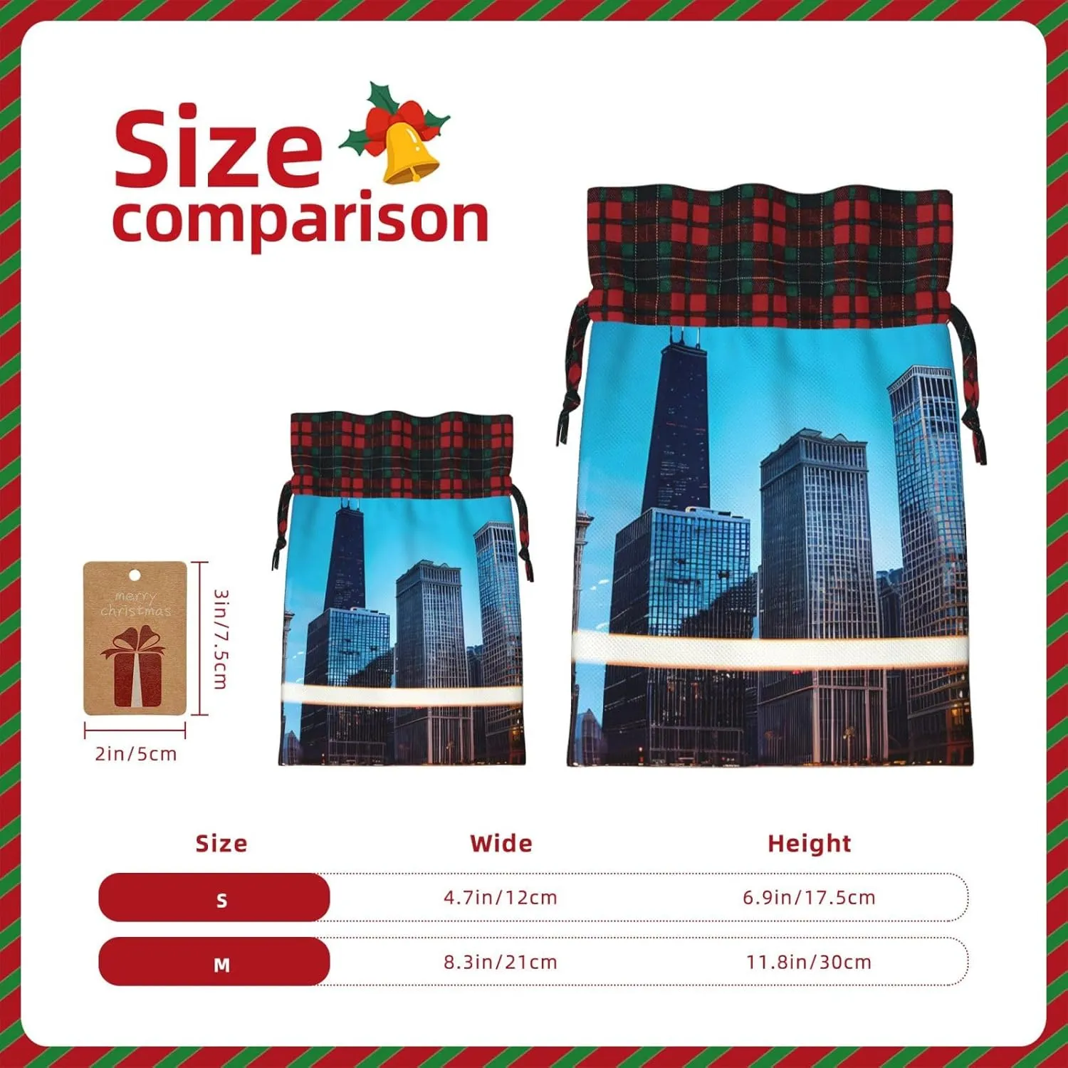 SamLng Chicago Reflect Christmas Gift Bag - Holiday Drawstring Party Favor, Goody Wrapping, Perfect for Birthdays, Anniversaries