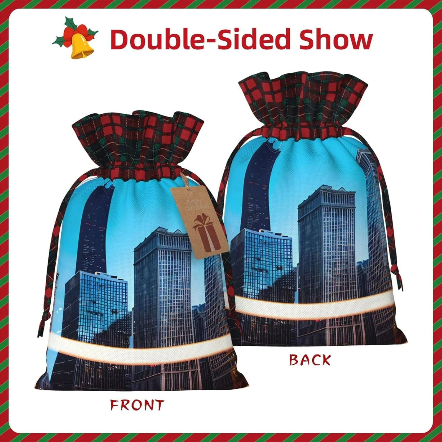 SamLng Chicago Reflect Christmas Gift Bag - Holiday Drawstring Party Favor, Goody Wrapping, Perfect for Birthdays, Anniversaries