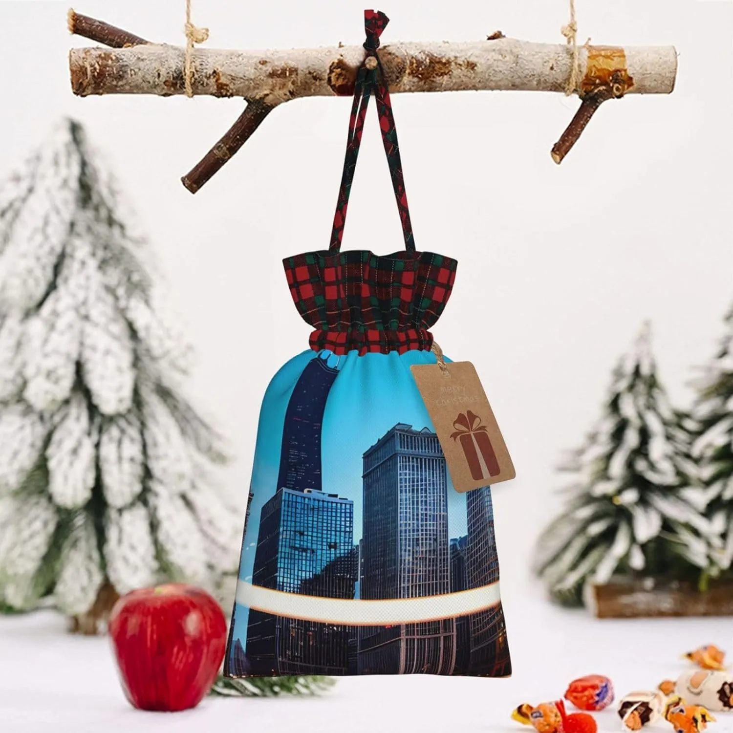SamLng Chicago Reflect Christmas Gift Bag - Holiday Drawstring Party Favor, Goody Wrapping, Perfect for Birthdays, Anniversaries