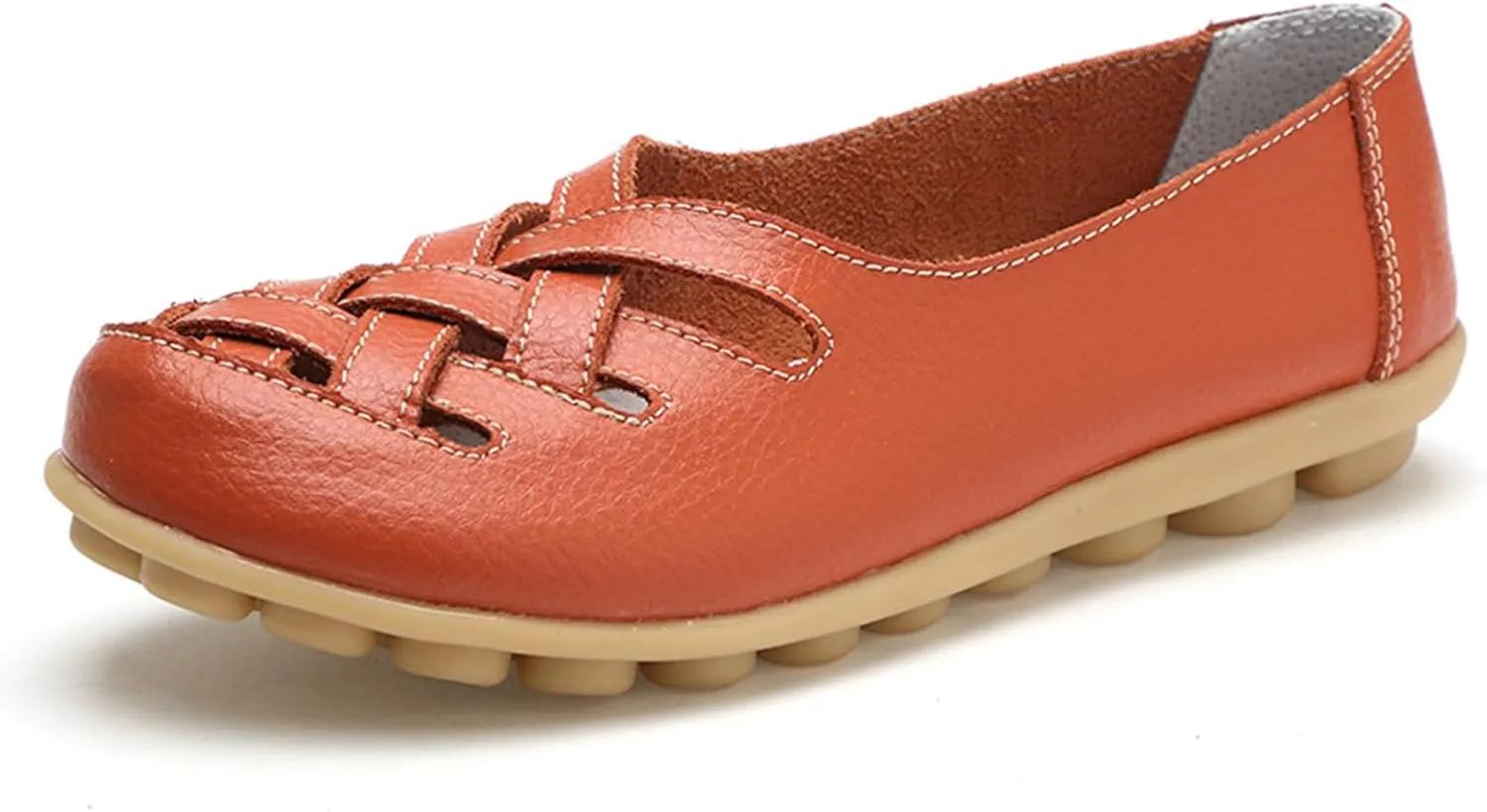 Sandals for Women 2025 Breathable Leather Loafers Hollow Soft-Soled Wedges Comfortable Cowhide Leather Shoes Orange