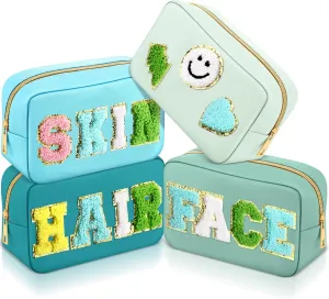 Sanwuta 4 Pcs Hair Face Skin Travel Bag Set Preppy Makeup Pouch PU Leather Skincare Bag Waterproof Cosmetic Organizer Birthday Christmas Gifts(Blue, Mint Green, Green, Malachite Green,Fresh Style)