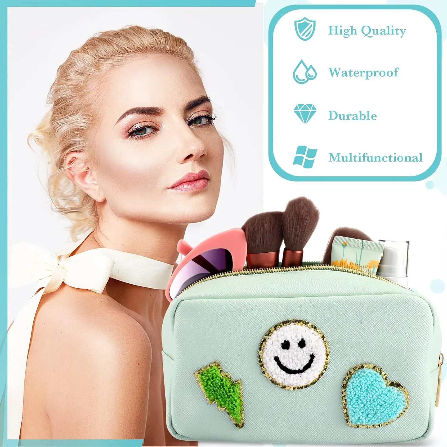 Sanwuta 4 Pcs Hair Face Skin Travel Bag Set Preppy Makeup Pouch PU Leather Skincare Bag Waterproof Cosmetic Organizer Birthday Christmas Gifts(Blue, Mint Green, Green, Malachite Green,Fresh Style)