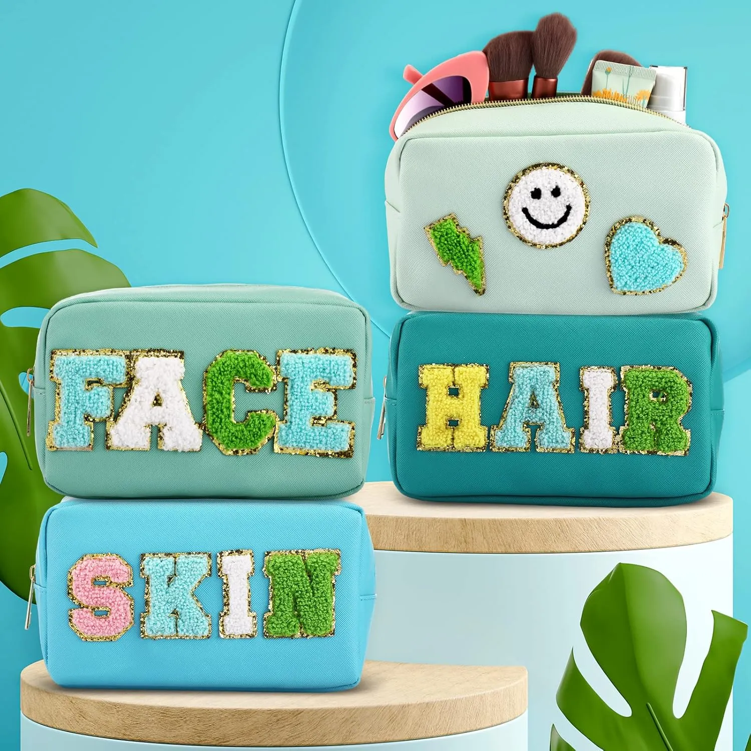 Sanwuta 4 Pcs Hair Face Skin Travel Bag Set Preppy Makeup Pouch PU Leather Skincare Bag Waterproof Cosmetic Organizer Birthday Christmas Gifts(Blue, Mint Green, Green, Malachite Green,Fresh Style)