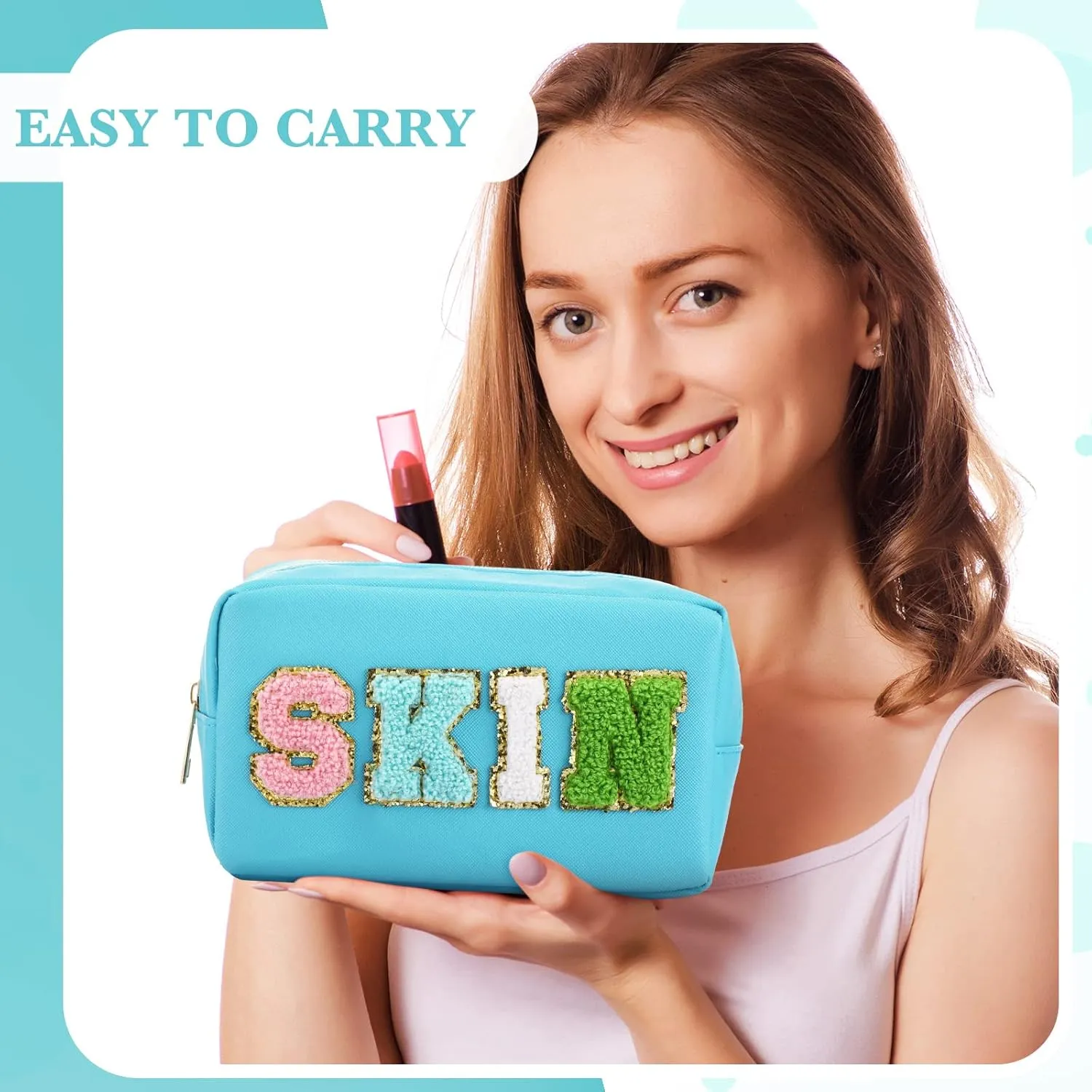 Sanwuta 4 Pcs Hair Face Skin Travel Bag Set Preppy Makeup Pouch PU Leather Skincare Bag Waterproof Cosmetic Organizer Birthday Christmas Gifts(Blue, Mint Green, Green, Malachite Green,Fresh Style)