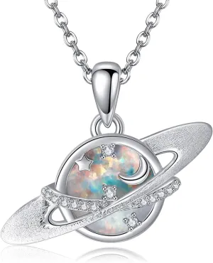 Saturn Necklace 925 Sterling Silver Planet Opal Pendant Necklace Moon Star Saturn Necklaces for Women Anniversary Jewelry Gift