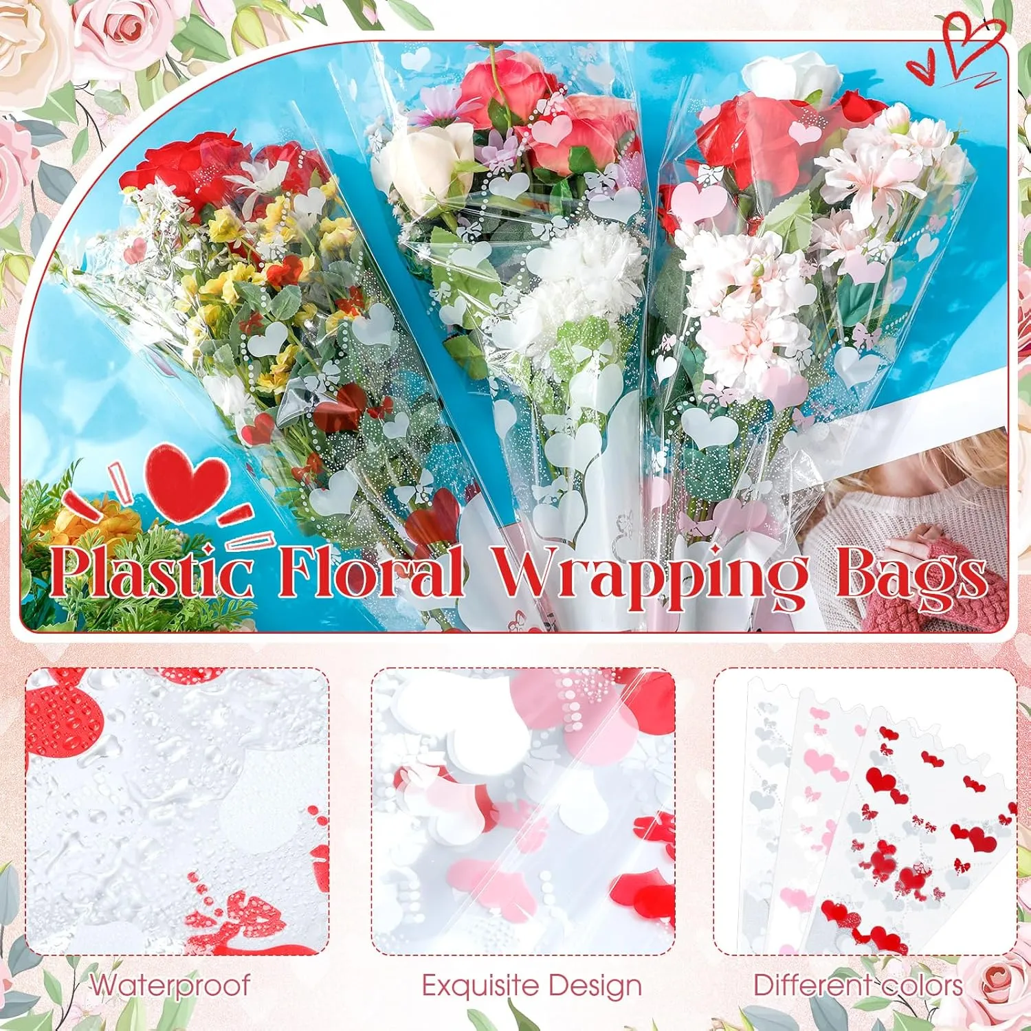 Sayglossy 300 Pcs Flower Wrapping Bags Mother's Day Plastic Floral Packing Sleeves Bouquet Bags for Graduation Mother's Day Wedding Birthday Anniversary, 3.5 x 11 x 17.7 Inch(Pink, White, Red)