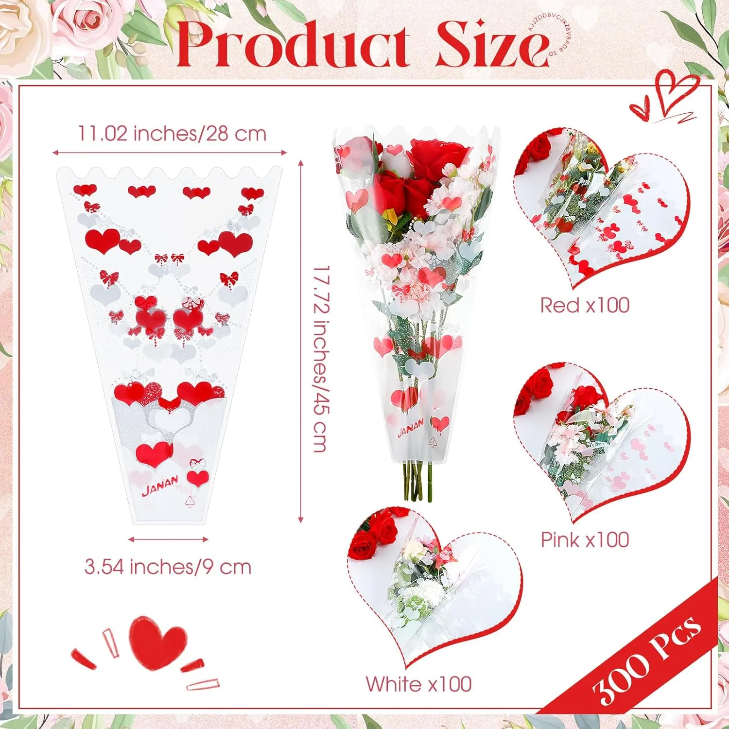 Sayglossy 300 Pcs Flower Wrapping Bags Mother's Day Plastic Floral Packing Sleeves Bouquet Bags for Graduation Mother's Day Wedding Birthday Anniversary, 3.5 x 11 x 17.7 Inch(Pink, White, Red)