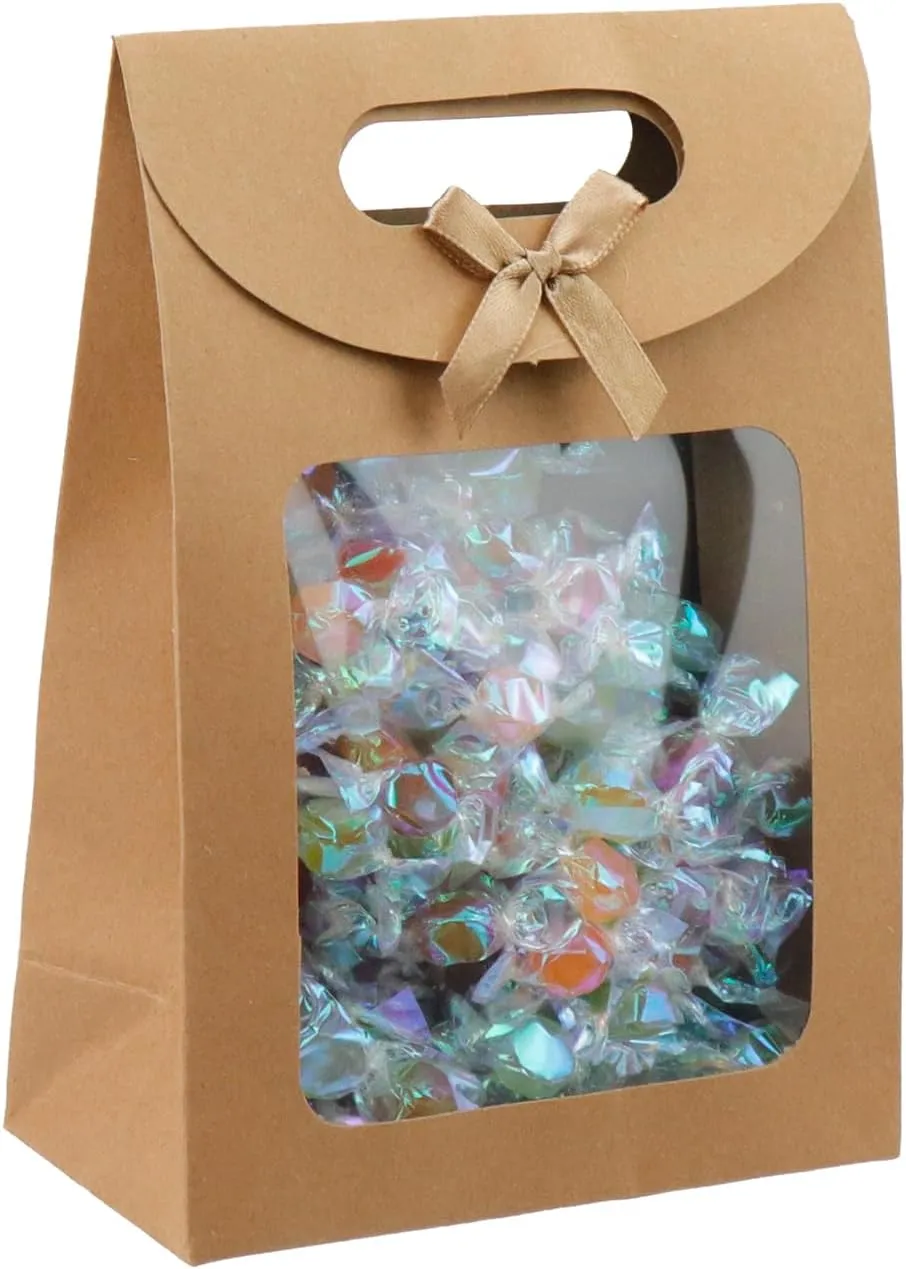 Semetall Kraft Paper Bags with Window,12Pcs Paper Gift Bags,Stand Up Gift Bag with Handles,Brown Gift Bag for Candy Cookies Packaging Wedding Christmas Party-5.5"x2.8"x7.9"