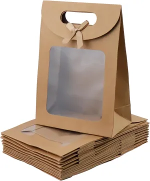 Semetall Kraft Paper Bags with Window,12Pcs Paper Gift Bags,Stand Up Gift Bag with Handles,Brown Gift Bag for Candy Cookies Packaging Wedding Christmas Party-5.5"x2.8"x7.9"