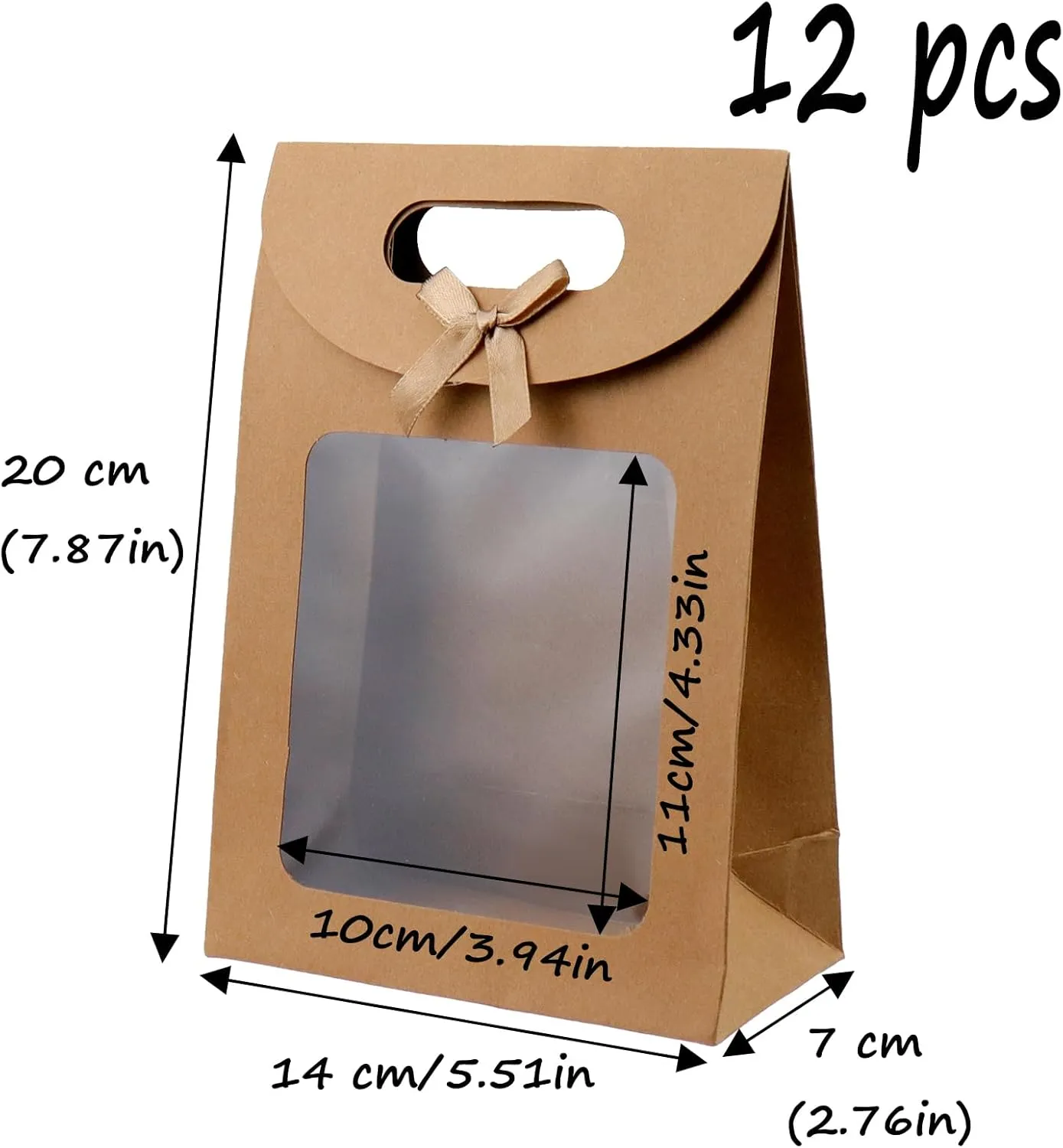 Semetall Kraft Paper Bags with Window,12Pcs Paper Gift Bags,Stand Up Gift Bag with Handles,Brown Gift Bag for Candy Cookies Packaging Wedding Christmas Party-5.5"x2.8"x7.9"