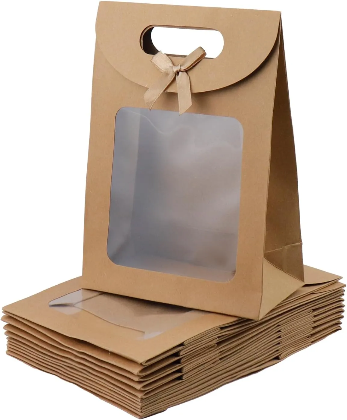 Semetall Kraft Paper Bags with Window,12Pcs Paper Gift Bags,Stand Up Gift Bag with Handles,Brown Gift Bag for Candy Cookies Packaging Wedding Christmas Party-5.5"x2.8"x7.9"