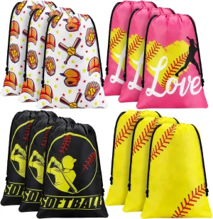 Shappy 12 Pcs Soccer Party Favor Bags Sports Drawstring Candy Treat Reusable Cloth Gift for Birthday Football Basketball Baby Shower Decor Supplies (Softball)