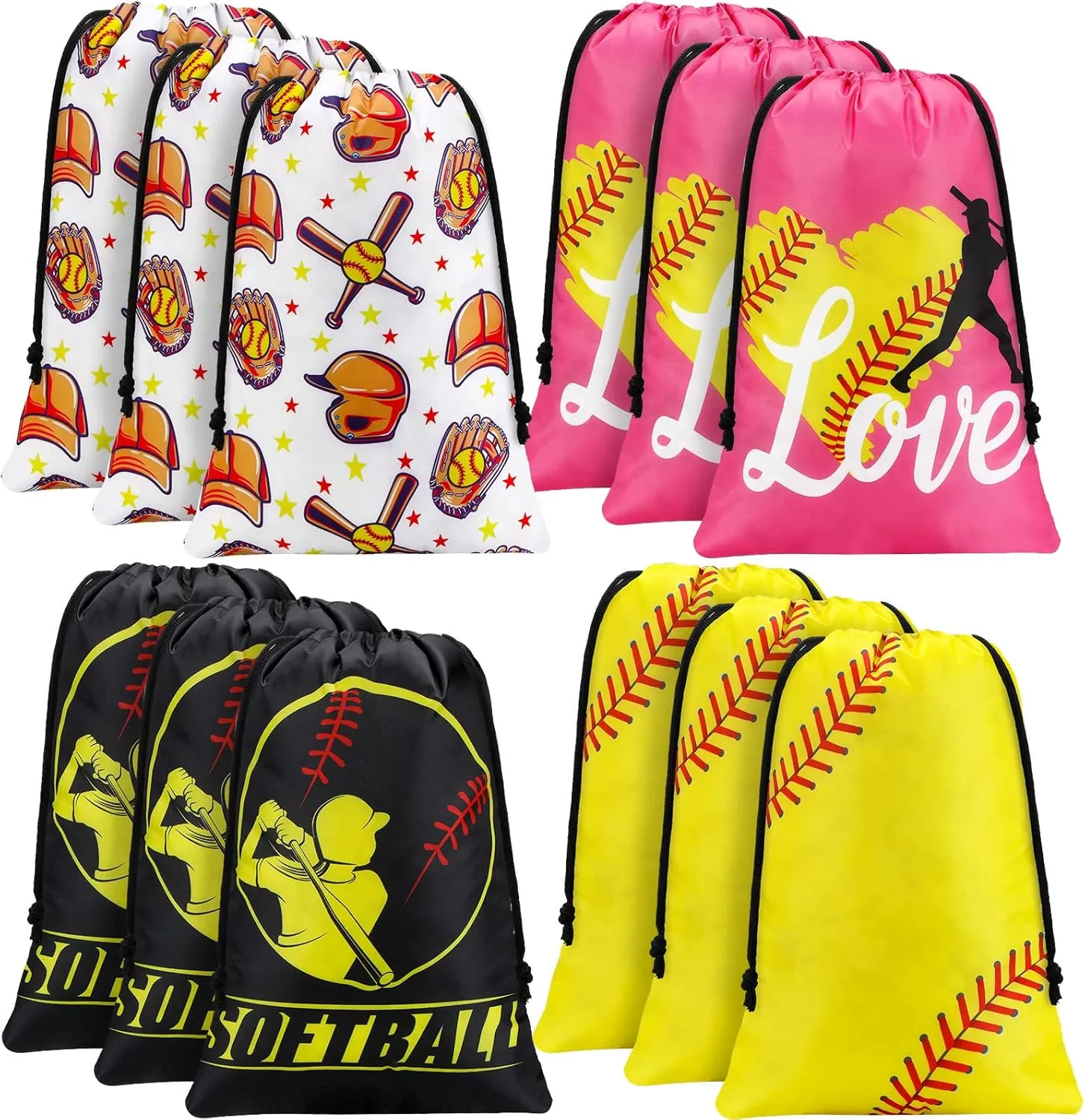 Shappy 12 Pcs Soccer Party Favor Bags Sports Drawstring Candy Treat Reusable Cloth Gift for Birthday Football Basketball Baby Shower Decor Supplies (Softball)