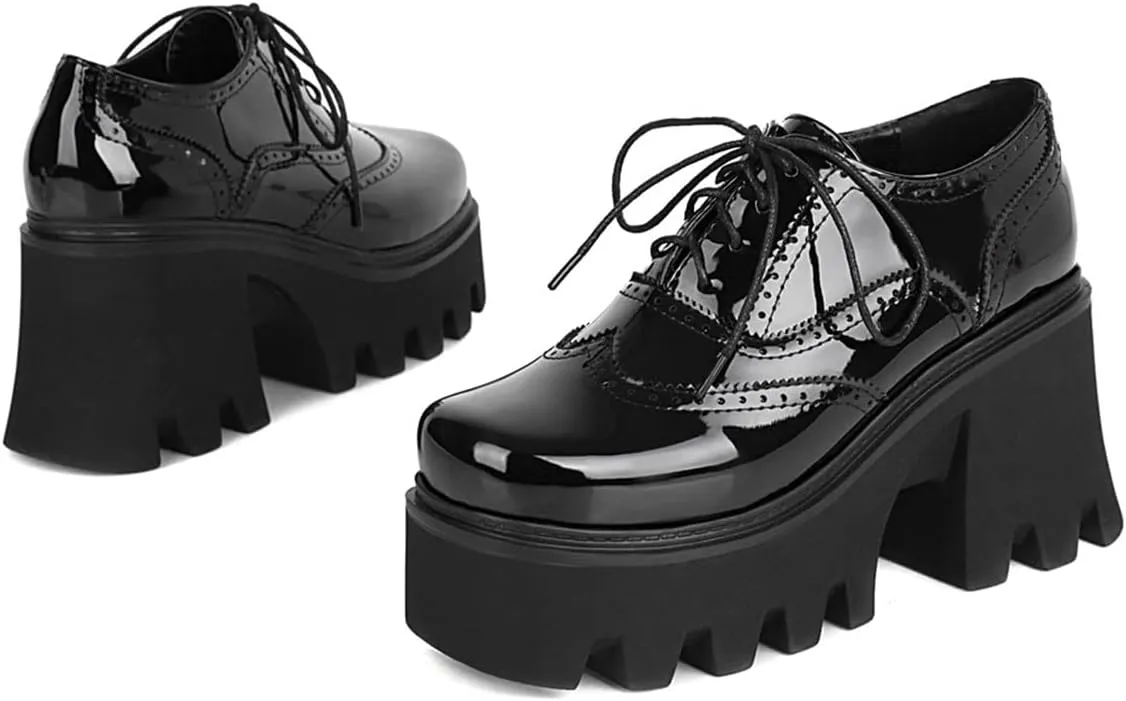 SHEMEE Women's Chunky Platform Patent Leather Oxfords Pumps Vintage Wingtip Lace Up Block High Heel Square Toe Gothic Brogue Shoes