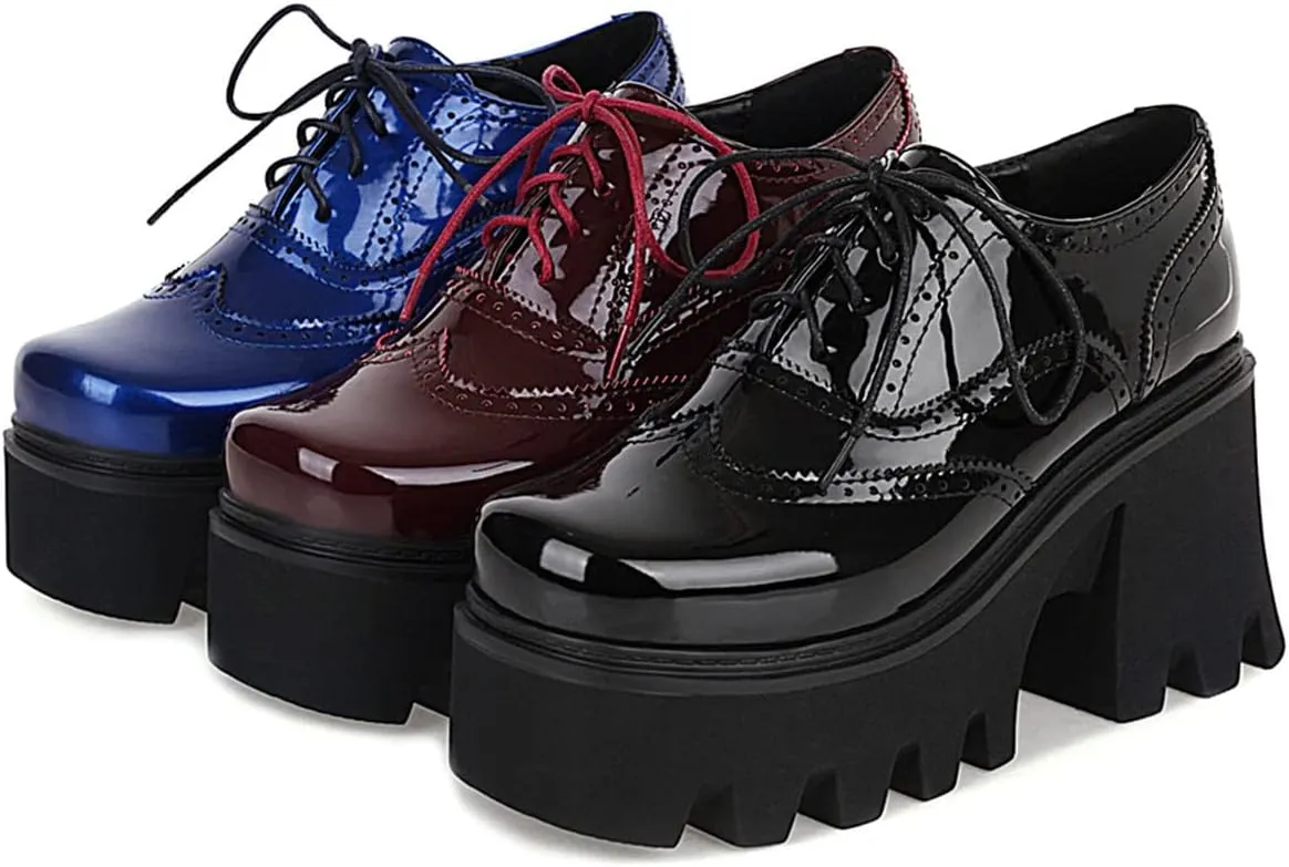 SHEMEE Women's Chunky Platform Patent Leather Oxfords Pumps Vintage Wingtip Lace Up Block High Heel Square Toe Gothic Brogue Shoes