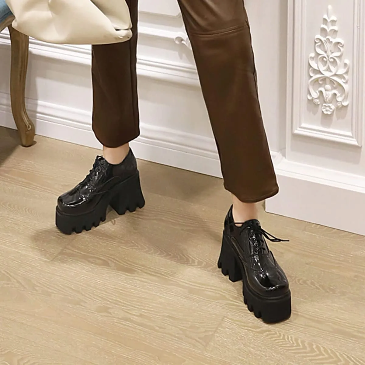 SHEMEE Women's Chunky Platform Patent Leather Oxfords Pumps Vintage Wingtip Lace Up Block High Heel Square Toe Gothic Brogue Shoes
