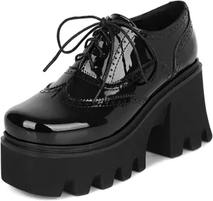 SHEMEE Women's Chunky Platform Patent Leather Oxfords Pumps Vintage Wingtip Lace Up Block High Heel Square Toe Gothic Brogue Shoes