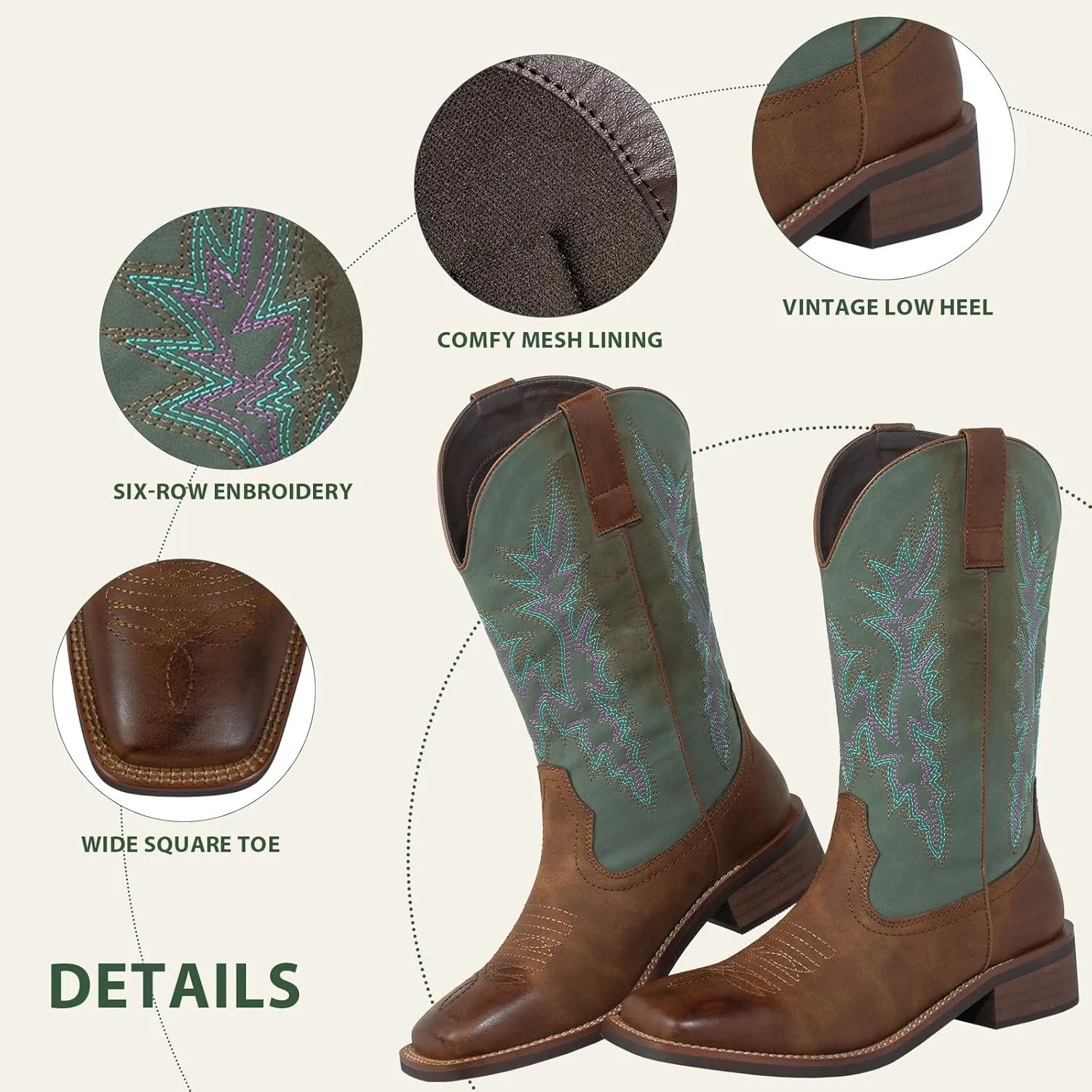 SheSole Women's Cowboy Boots Square Toe Wide Calf Cowgirl Boots Fashion Country Western Shoes